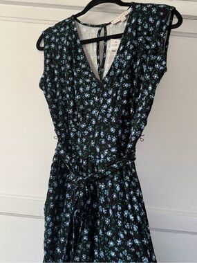 LOFT Black Floral V-Neck Pantsuit Romper  with Blue & Green Print
